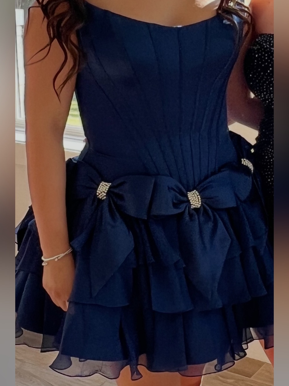Sherri Hill Navy Ruffle Drop-Waist Dress with Bow Accents